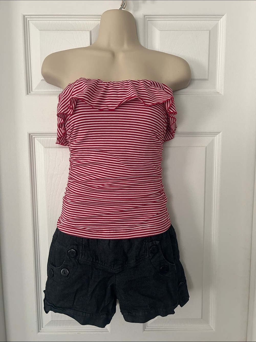 Striped Off-Shoulder Ruffle Romper - Red White & Blue